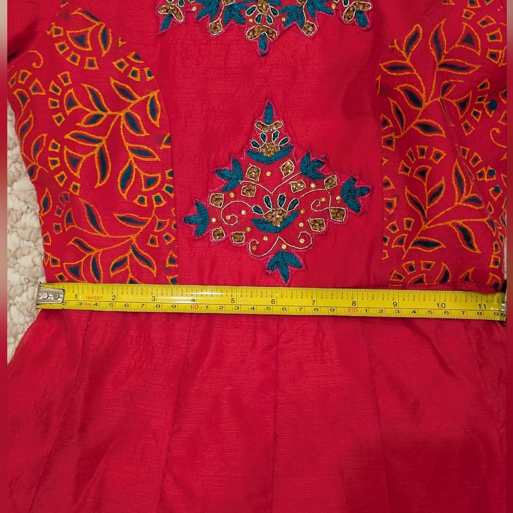 Girls Anarkali Suit - Pink, Orange & Green | Indian Ethnic Party Wear - Picture 10 of 16